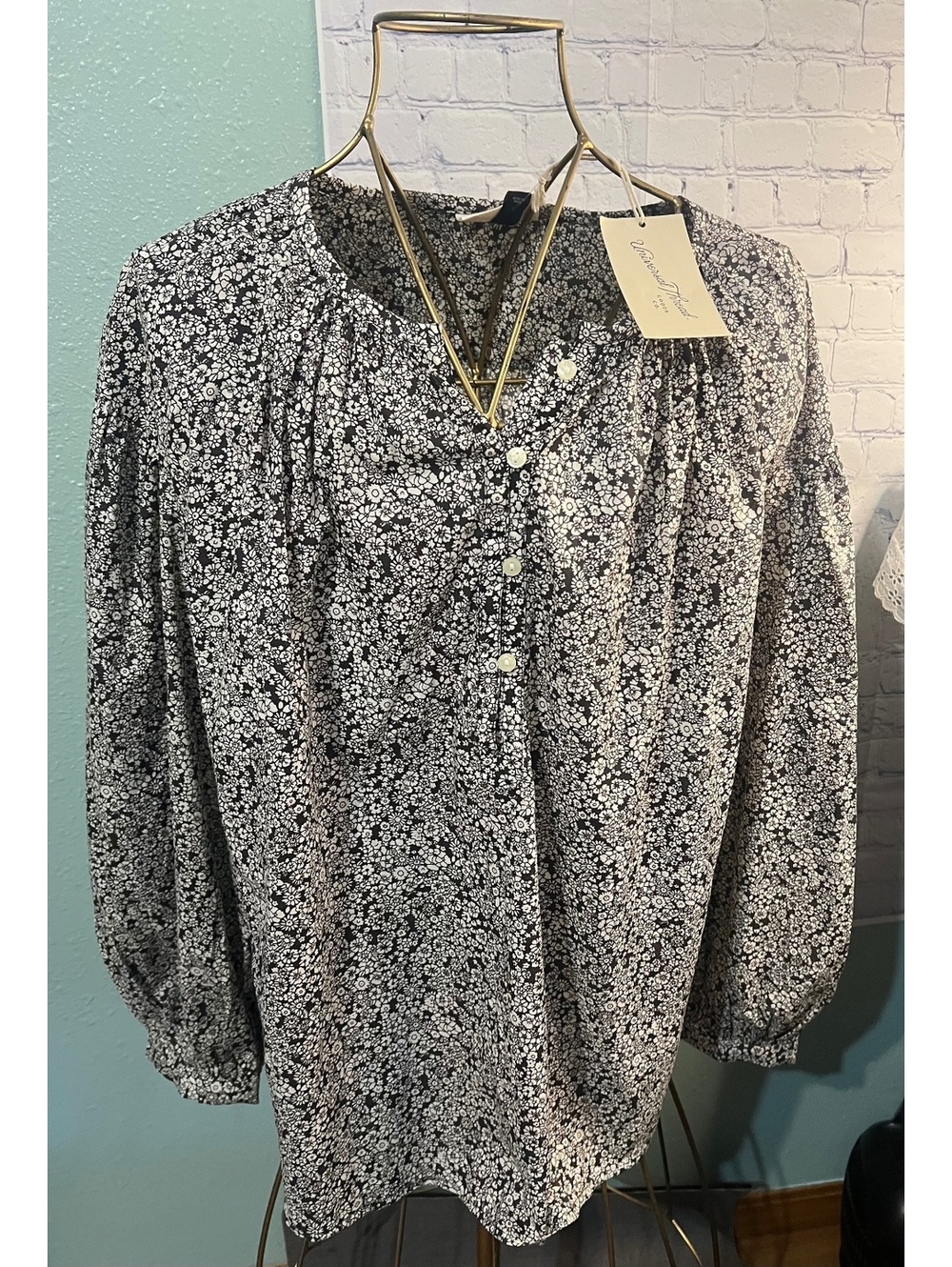 Universal Thread Peasant Blouse popover balloon long cotton charcoal black L